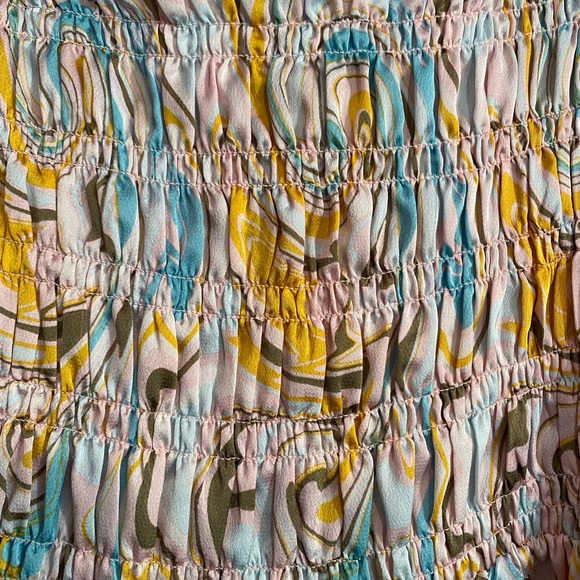 Chenault Yellow and Blue Smocked Flutter Sleeve Blouse - Picture 2 of 5